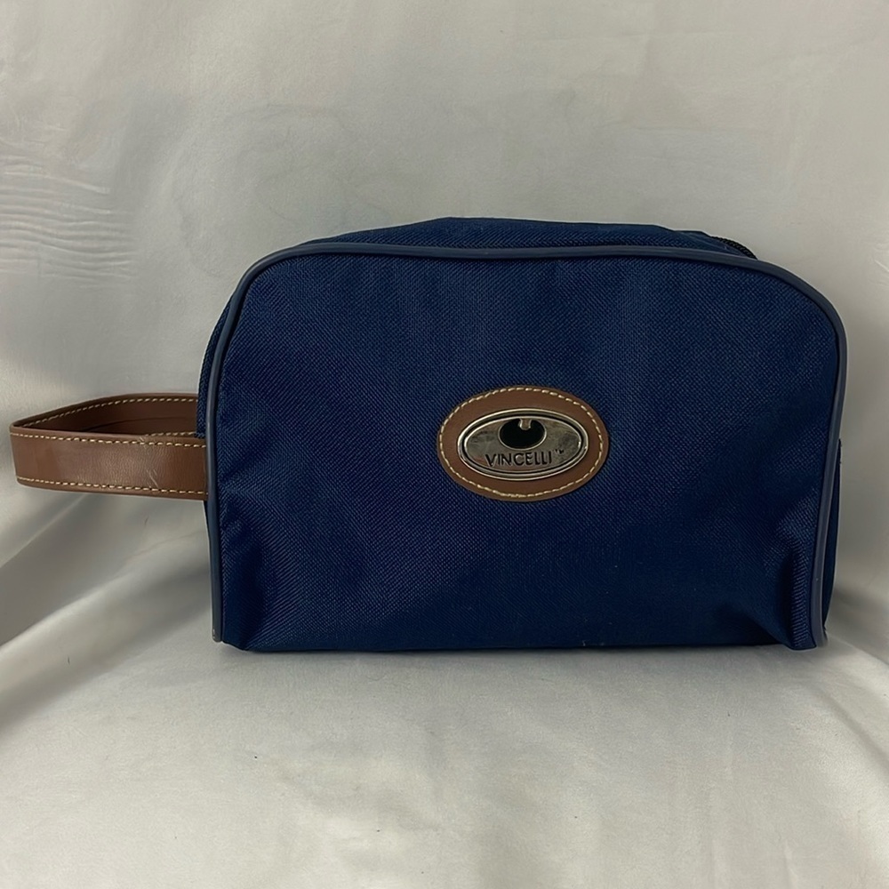 Vincelli Canvas Cosmetic/Men’s Toiletry Bag Navy Blue Brown ZipTop.